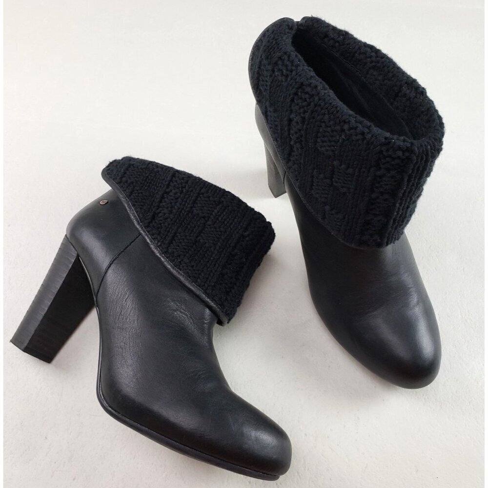 Ugg Dandylion Leather Ankle Boot Womens 10 Black Heeled Knit Cuff Pull On Bootie